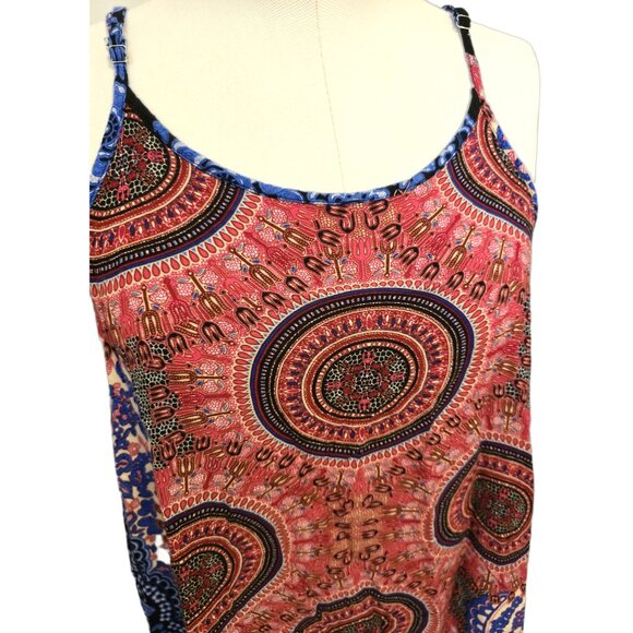 Womens Red Blue Boho Tank Top Flowy Mandala Print Summer Beach Festival Sz L - Picture 4 of 9